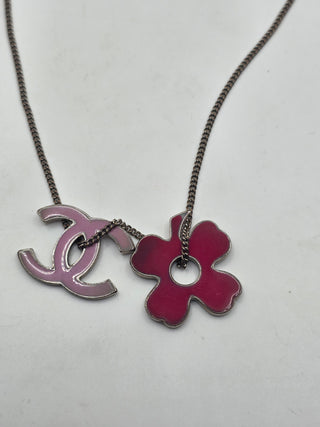 Chanel Silver-tone Enamel Interlocking CC Clover Pendant Necklace