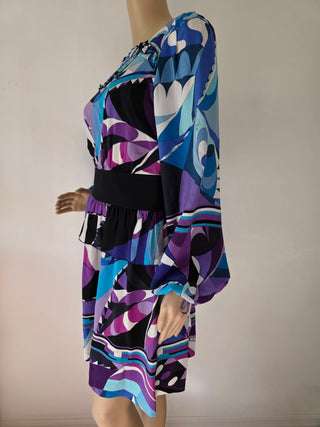 Emilio Pucci Blue purple multicolor signature print long-sleeved dress 6 sz