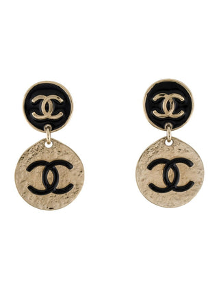 CHANEL Gold-tone 2022 Enamel CC Double Disc Drop Earrings