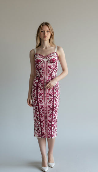 Dolce & Gabbana Pink White Silk Printed Midi Length Dress 4 sz