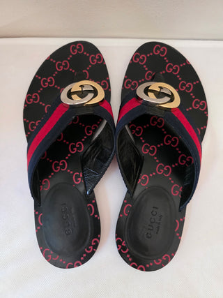 Gucci Blue Red Black Vintage Web Interlocking GG Thong Sandals 36.5 sz