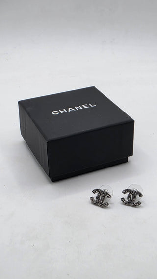 Chanel Silver-tone Interlocking CC Tweed Stud Earrings