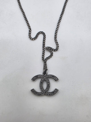 Chanel Silver-tone Strass Interlocking CC Pendant Necklace