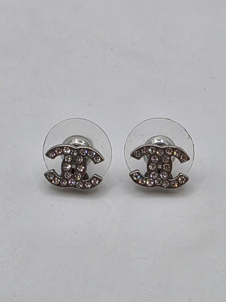 Chanel Silver-tone Strass Interlocking CC Stud Earrings