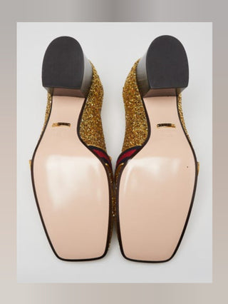 Gucci Gold Glitter Leather Peyton Marmont Mid-Heel Loafers 38.5 sz