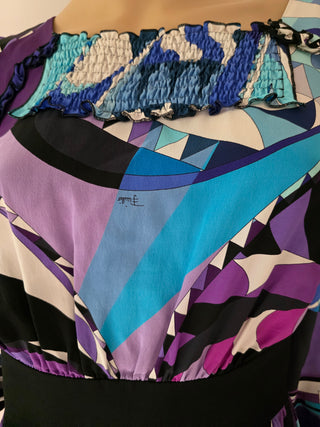 Emilio Pucci Blue purple multicolor signature print long-sleeved dress 6 sz