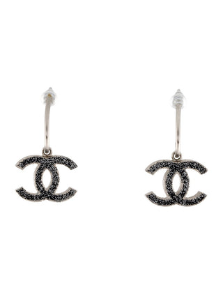 Chanel Silver-tone Black Enamel Glitter Interlocking CC Drop Earrings