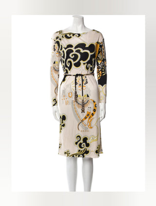 Emilio Pucci Brown Black Multicolor Silk Knee-Length belted Dress M 8 sz