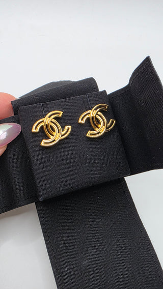 Chanel Gold-tone Interlocking CC Logo Stud Earrings w/ Tags