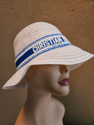 White woven blue white logo printed bucket hat M sz