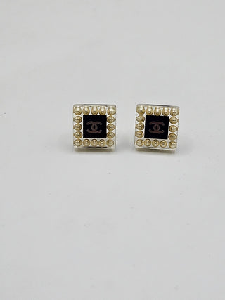 Chanel Faux Pearl Resin Interlocking CC Square Stud Earrings