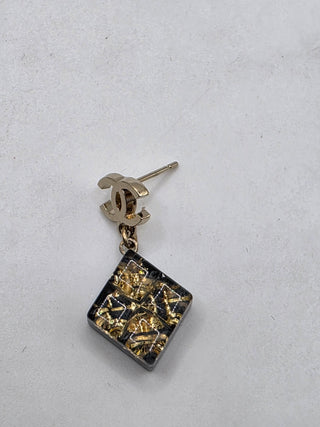 Chanel Gold-tone Black Glitter Resin Interlocking CC Drop Earrings
