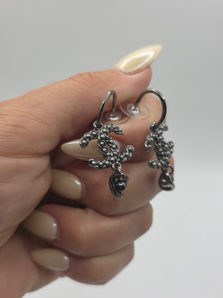 Chanel Silver-tone Ruthenium Metal CC Faux Pearl Drop Earrings