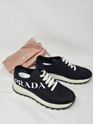 PRADA Black Nylon Logo Printed Sneakers 39.5 EU