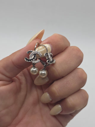 Chanel Silver-tone Faux Pearl Strass Interlocking CC Drop Earrings