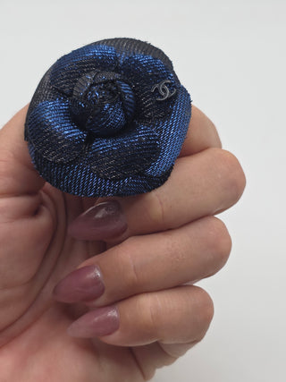Chanel Metallic Black Blue Camellia CC Logo Fabric Brooch