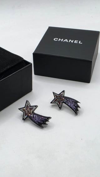 Chanel Black Silver-tone Strass Interlocking CC Shooting Star Earrings