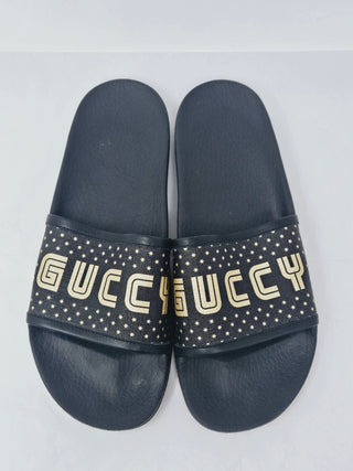 Gucci Black rubber Gold-tone logo sandals 41 sz