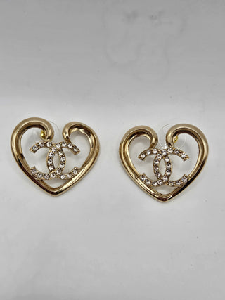 Chanel Gold-tone 2023 Strass Interlocking CC Heart Earrings