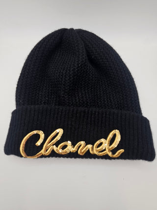 Chanel Gold-tone Sequin Logo Black Cashmere Sequin Beanie