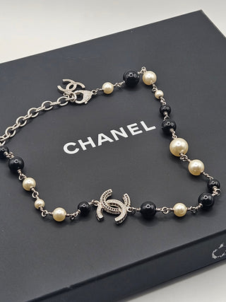 Chanel Silver-tone Faux Pearl Strass CC Collar Necklace