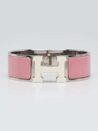 Hermès Rose Velours White Enamel Palladium Plated Clic-Clac H PM Wide Bracelet