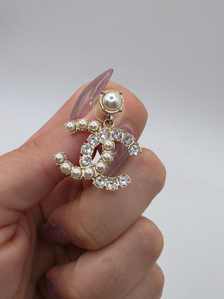 Chanel Gold-tone Faux Pearl Strass Interlocking CC Drop Earrings