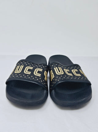 Gucci Black rubber Gold-tone logo printed pool slides 37 sz