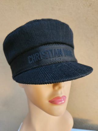 Christian Dior Black Corduroy Logo Printed Newsboy Hat S sz