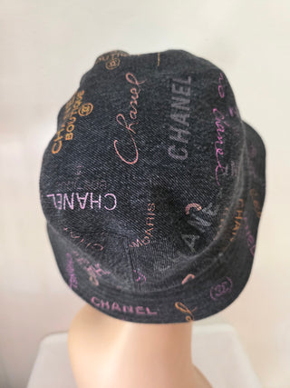 Chanel Black multicolor logo printed denim bucket hat S sz