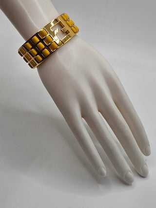 Fendi Yellow Leather Fendista Braided Gold-tone Bangle Bracelet