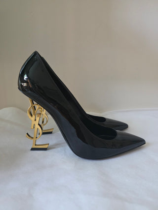 Yves Saint Laurent Black Patent Leather Opyum Monogramme Heels 40 sz