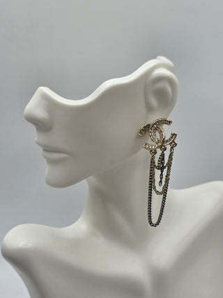 Chanel Gold-tone Strass Interlocking CC Chain Drop Earrings