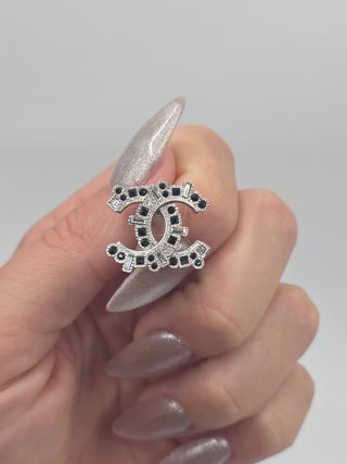 Chanel Silver-tone Strass Interlocking CC Stud Earrings