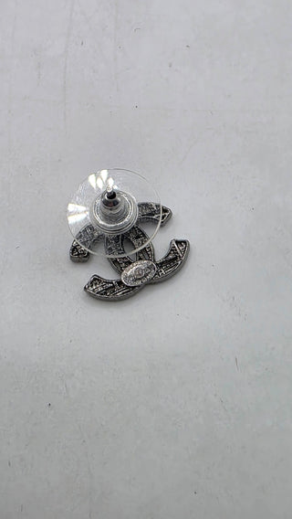 Chanel Silver-tone Interlocking CC Tweed Stud Earrings