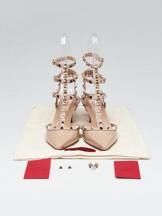 Valentino Beige Patent Leather Rockstud T-Strap Kitten Heels 38.5 sz
