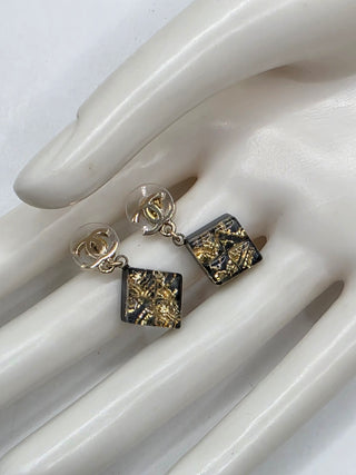 Chanel Gold-tone Black Glitter Resin Interlocking CC Drop Earrings