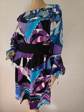 Emilio Pucci Blue purple multicolor signature print long-sleeved dress 6 sz