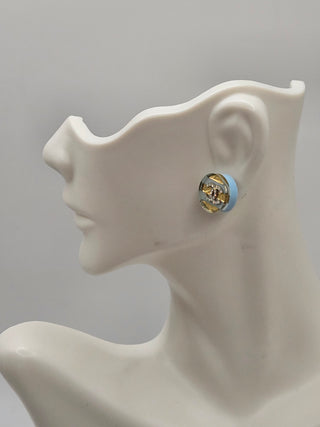 Chanel Gold-tone Blue Resin CC Stud Earrings