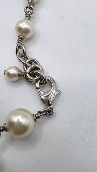 Chanel Faux Pearl Strass Interlocking CC Silver-tone Charm Necklace