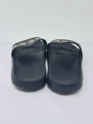 Gucci Black rubber Gold-tone logo printed pool slides 37 sz