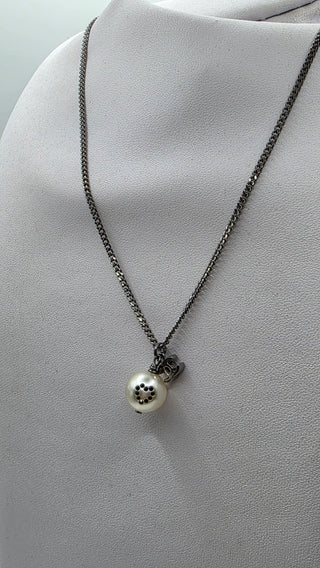 Chanel Silver-tone Faux Pearl Strass Interlocking CC Pendant Necklace
