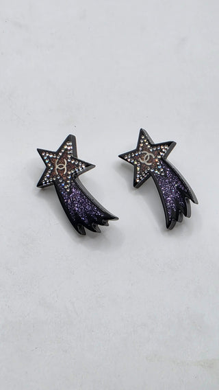 Chanel Black Silver-tone Strass Interlocking CC Shooting Star Earrings