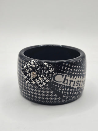 Christian Dior Black Logo Crystal Resin Houndstooth Wide Bangle