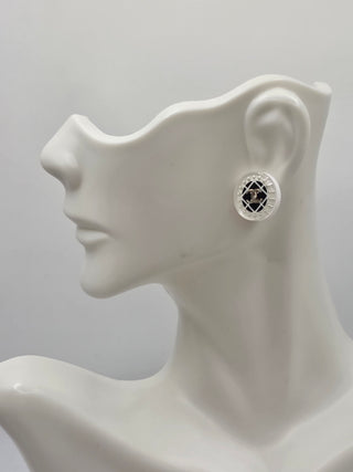 Chanel White Faux Pearl Resin Interlocking CC Stud Earrings