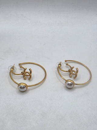 Chanel Gold-tone Interlocking CC 2020 Faux Pearl Hoop Earrings