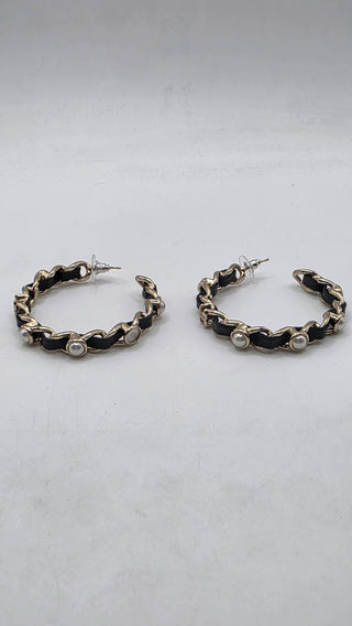 Chanel 2019 Faux Pearl Leather Interlocking CC Hoop Earrings
