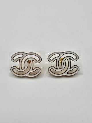 Chanel 2024 Gold-tone white Enamel Interlocking CC logo stud earrings