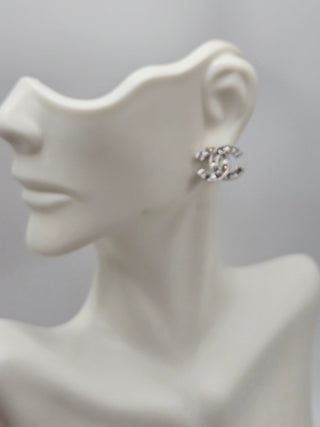 Chanel Interlocking Silver-tone Strass CC Stud Earrings