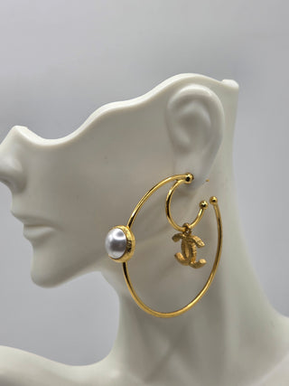Chanel Gold-tone 2020 Faux Pearl Interlocking Hoop Earrings